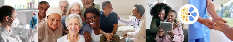 Collage showing lab research, elderly people smiling, a male doctor caring for a patient, a carer and older person interacting with a tablet device, and a male nurse holding a patient's hand.