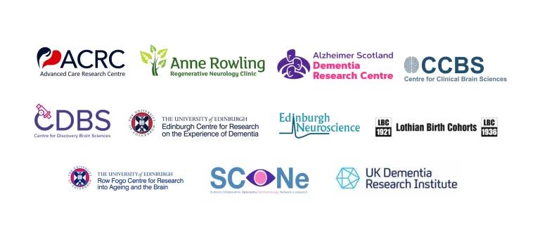 A collage depicting the logos of Dementia.ED's partners at the University of Edinburgh. In alphabetical order: Advanced Care Research Centre, Anne Rowling Clinic, Alzheimer Scotland Dementia Research Centre, Centres for Clinical Brain Sciences and Discovery Brain Sciences, Edinburgh Centre for Research on the Experience of Dementia, Edinburgh Neuroscience, Lothian Birth Cohorts, Row Fogo Centre, Scottish Collaborative Optometry-Opthalmology Network e-research, the UK Dementia Research Institute.